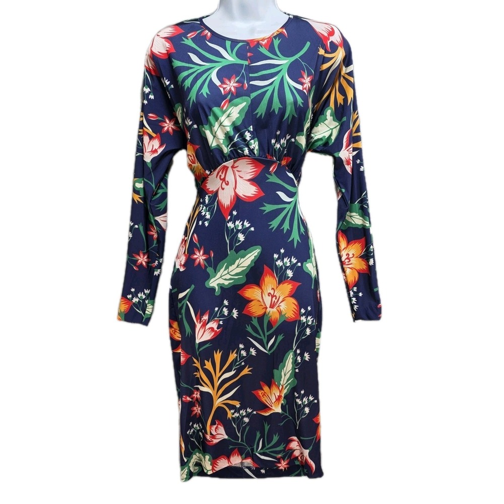 Zara Midi Bodycon Dress Womens S Empire Waist Long Sleeve Zip Floral Tropical
